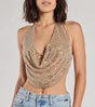 Shining Bright Leather Style Solid Color Gauze Hanging Neck Coat Deep V Swing Neck Backless Design Retro Spice Girl Short Top
