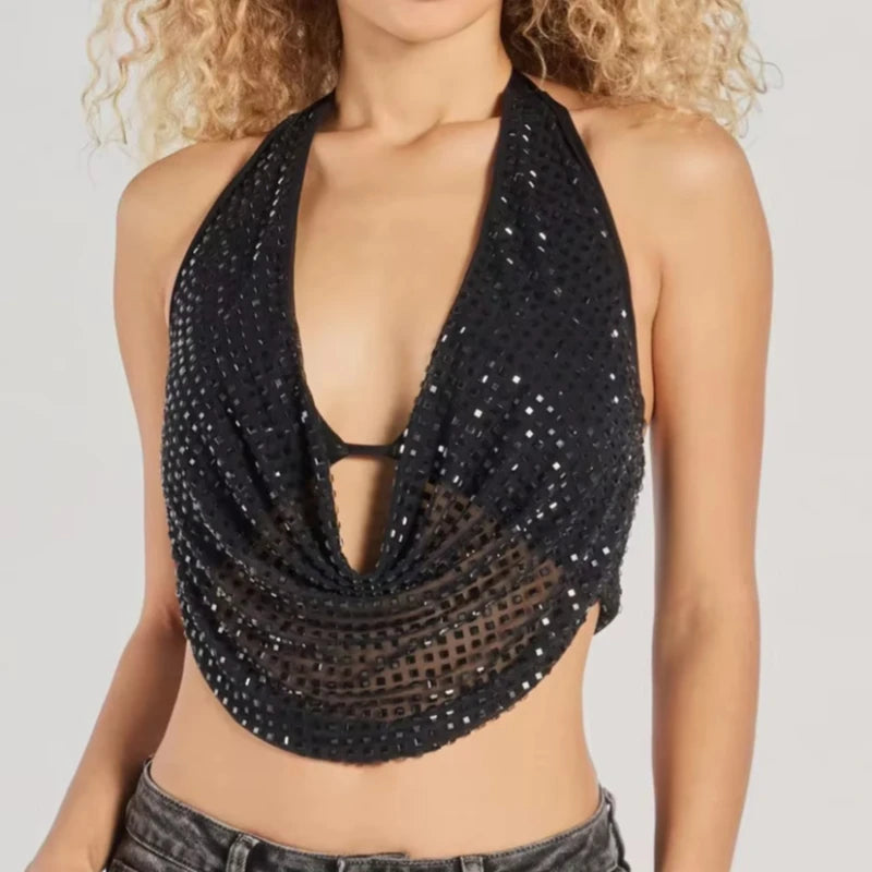 Shining Bright Leather Style Solid Color Gauze Hanging Neck Coat Deep V Swing Neck Backless Design Retro Spice Girl Short Top
